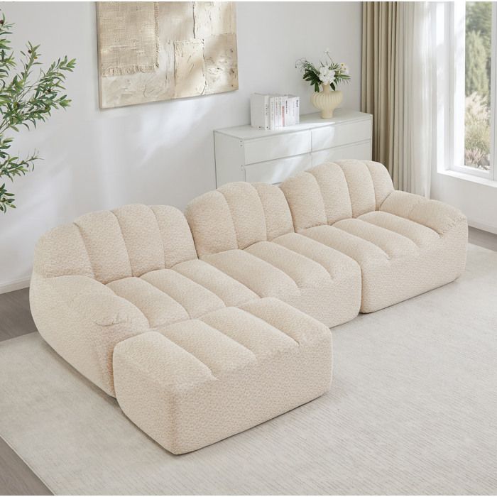 WOVREO canape d angle modulable 3 places forme L avec ottoman mousse haute densite 32D tissu fleece granule beige blanc
