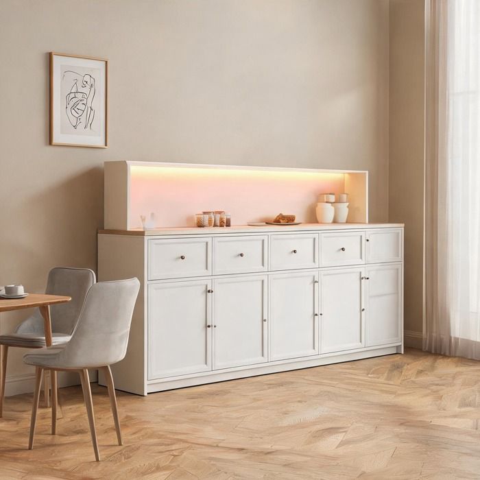 Buffet blanc en bois dingénierie avec éclairage LED RGB plan de travail et rangements modulables style contemporain