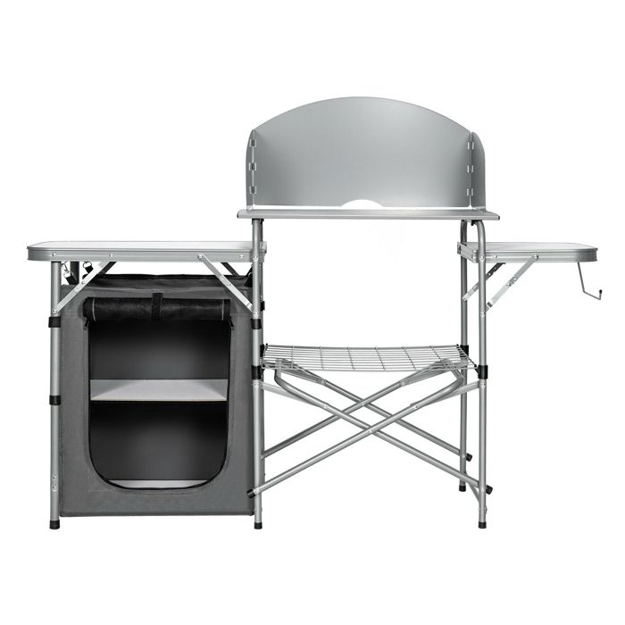 Table de camping pliante avec rangement et pare-vent table de barbecue portable pour jardin gris