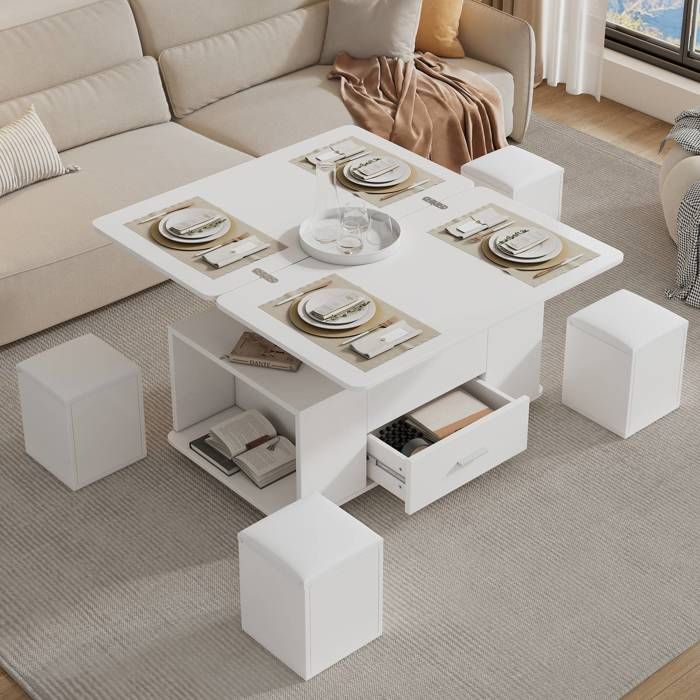 Table basse relevable 4en1  avec 4 tabourets tiroirs et rangement convertible en table à manger blanc