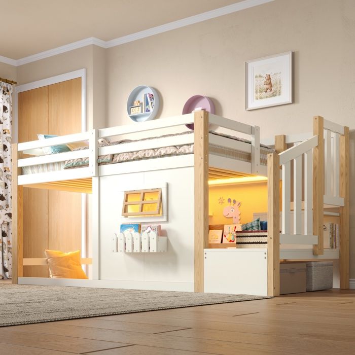 Lit mezzanine enfant 90x200 cm Lit cabane Lit mi-hauteur Lit simple en bois avec bande LED fenêtre échelle de rangement naturel