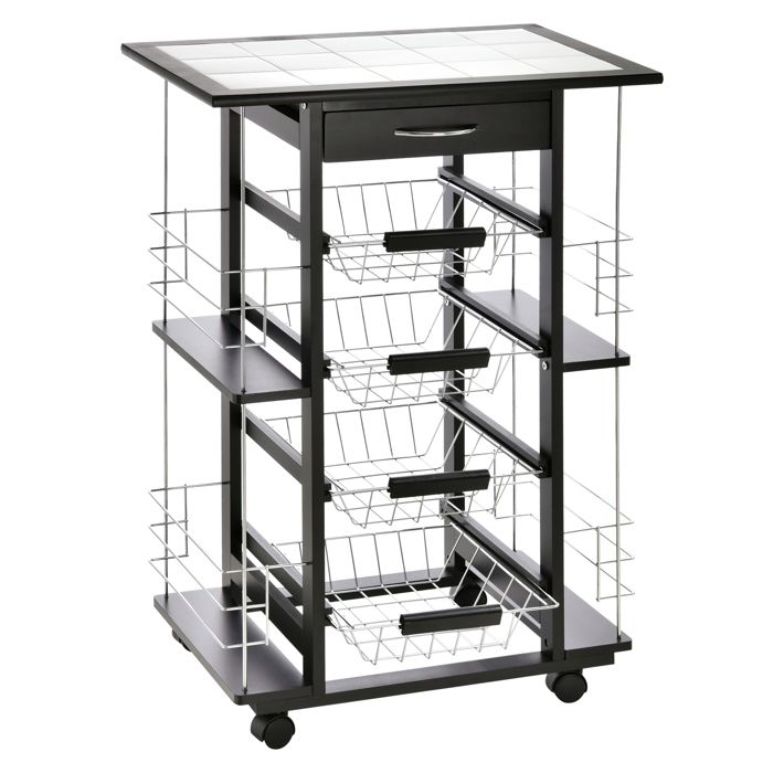 Desserte de cuisine - Chariot de rangement - 4 étagères - 4 paniers - Métal - Format compact - Noir - 57 x 37 x 83 cm - ZENLINKJH
