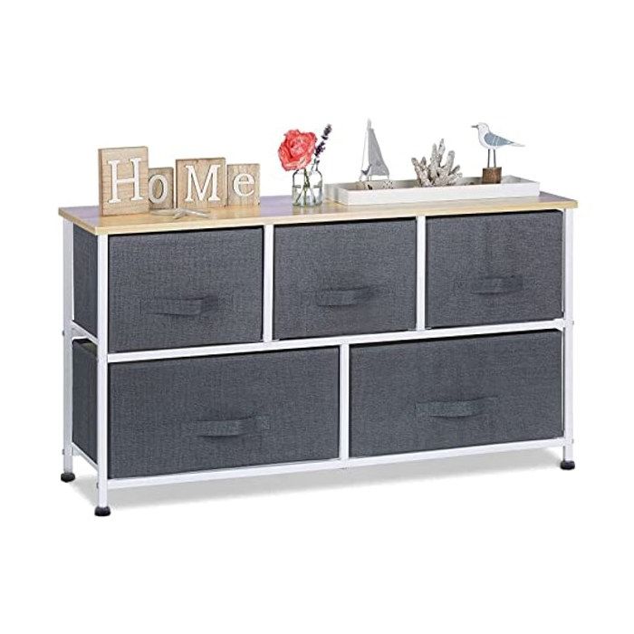 INILA - Meuble rangement commode 5 tiroirs boite tissu 100 cm GRIS - Bois Métal - Inclus dans la notice