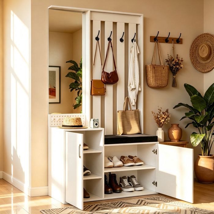 Meuble à Chaussures 6 en 1 avec Miroir et Banc et Porte-Manteau -Porte-manteau mural pour lentrée - 100x40x180 cm - Blanc