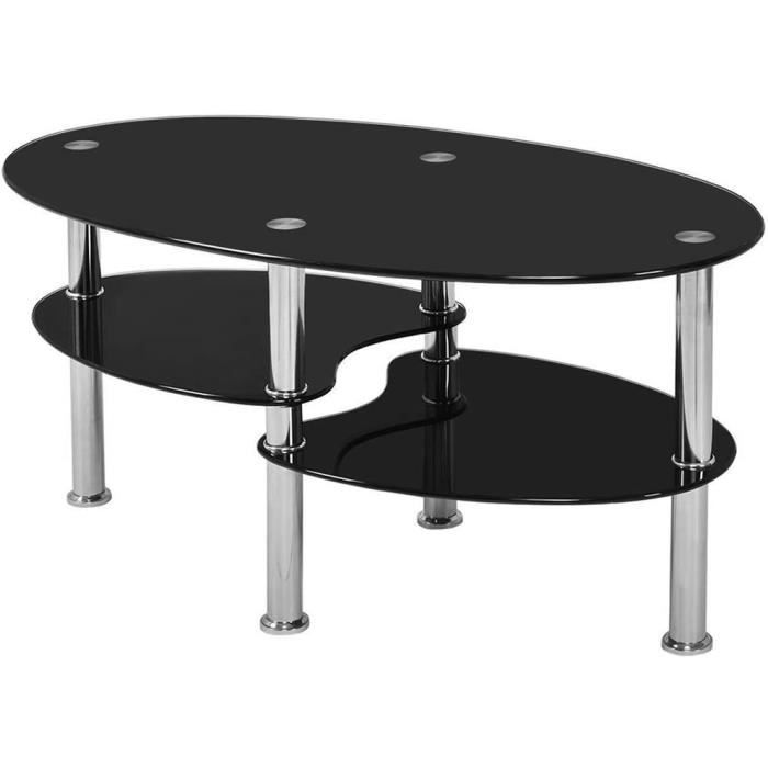 Table Basse Ovale En Verre Trempé,Avec 3 Niveaux,Pieds En Acier