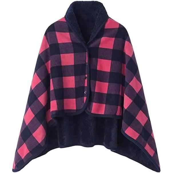 Femme Poncho Polaire Sweat Plaid Châle Polaire Cape Chaud d'hiver avec Boutons Couverture à Carreaux（Rose）