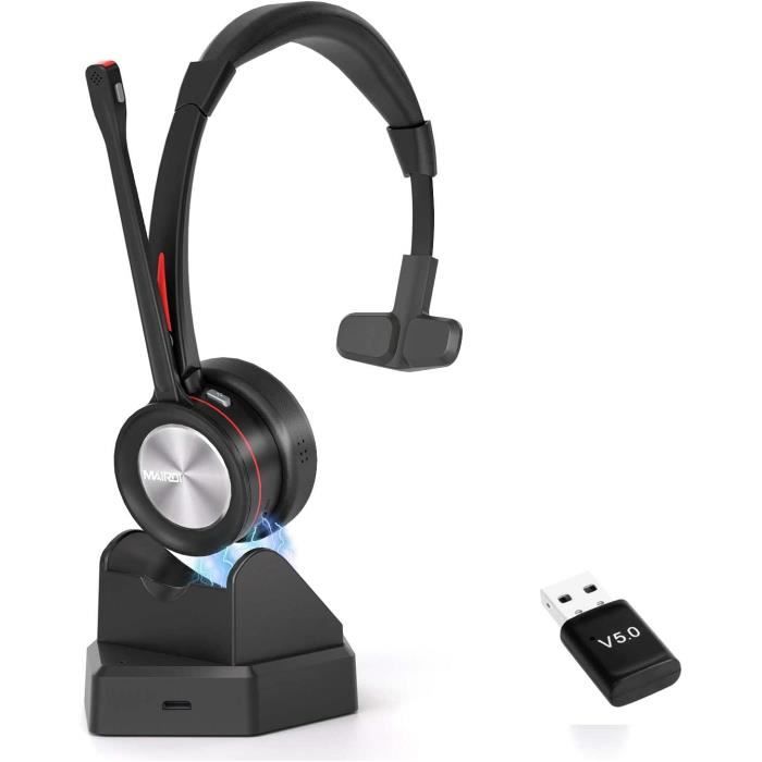 Casque Bluetooth sans fil avec suppression du bruit, base de charge pour PC,  ordinateur portable, bureau, Skype, téléphone, casque Vpig, OW M5 Pro