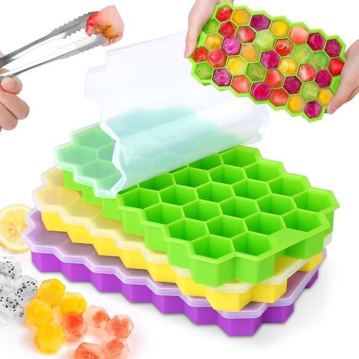 Set 3 Moules à Glaçons Silicone - Formes Sphériques, Carrées, Hexagonales - Avec Couvercle - Pour Cocktails, Fruits