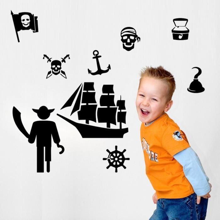 Bateau Pirate & nom et pour enfants Autocollant Vinyle Mural Chambre