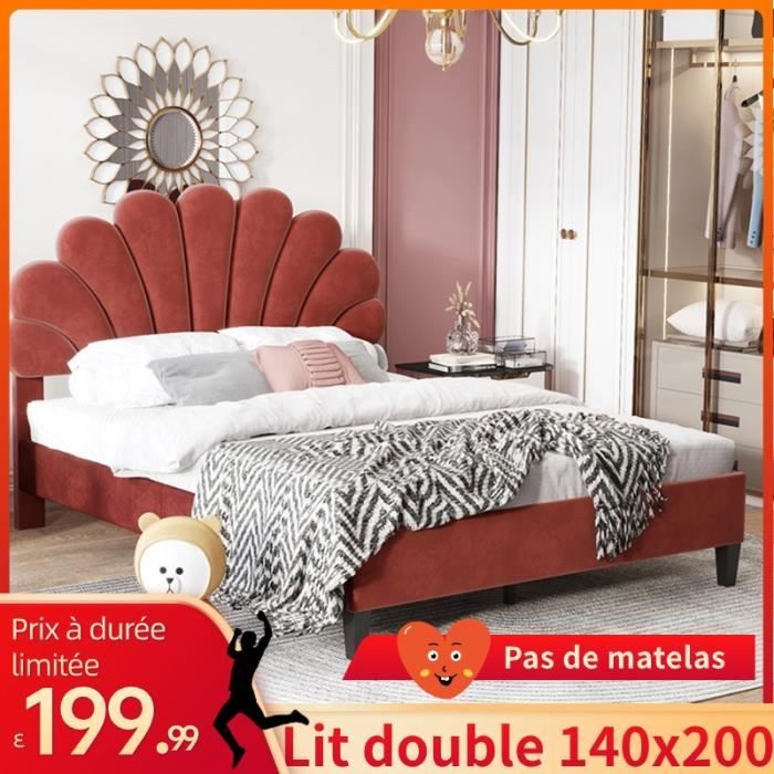 comanlai lit d'ameublement lit double 140 x 200 cm, cadre de lit avec fleur - vin rouge - pas de matelas