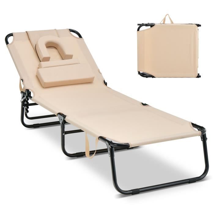 costway chaise longue pliante réglable à 5 positions avec appuie-tête et cavité faciale, pour terrasse, camping, 160 kg, beige