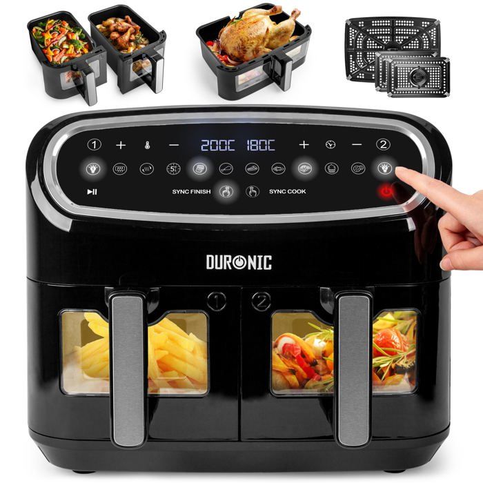 Duronic AF34 BK Set Friteuse à Air avec 1 grand tiroir de 10L et 2 petits tiroirs de 5L inclus 10 Programmes de Cuisson Préréglés