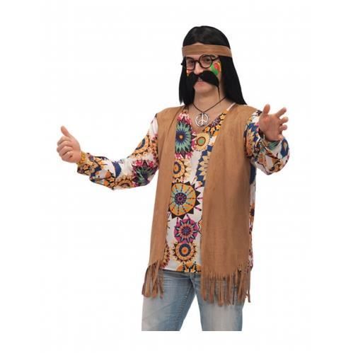 Déguisement hippie homme - GENERIQUE - Tunique multicolore et gilet marron à frange - Taille unique