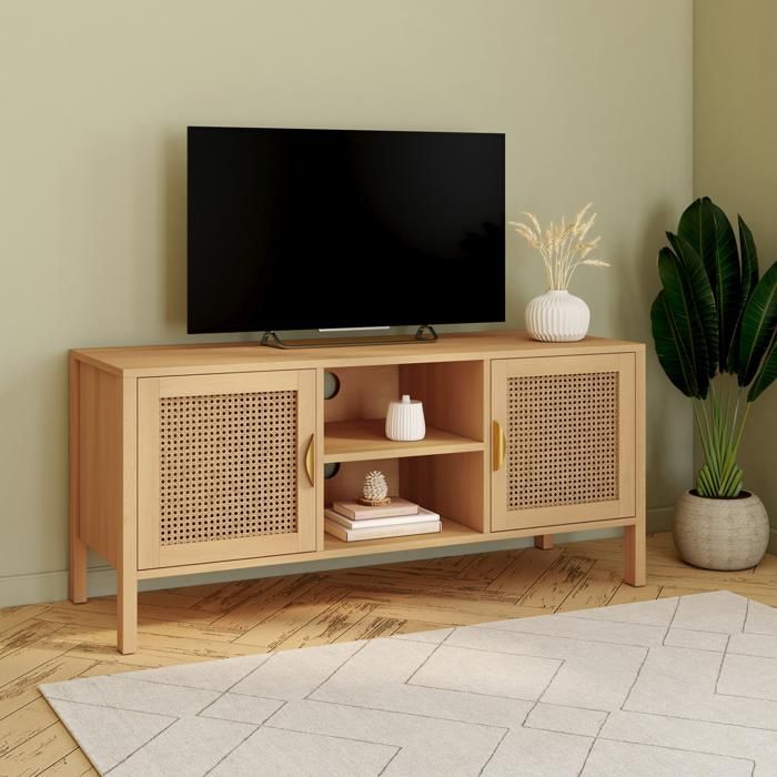 ID MARKET meuble tv EDHEN 2 portes 110 cm bois clair à poser