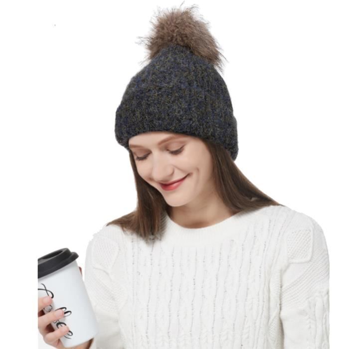 Bonnet tricoté à pompon bleu foncé homme