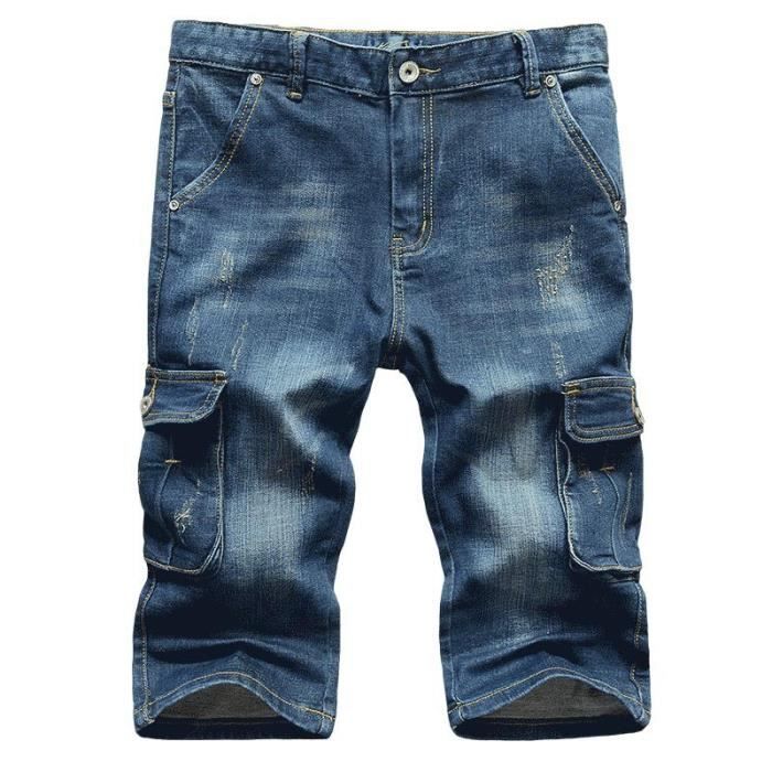 Pantacourt en Jeans Homme Coupe Droite Multi-poches Pantalon Court Stretch  Effet Abrasion et Délavé