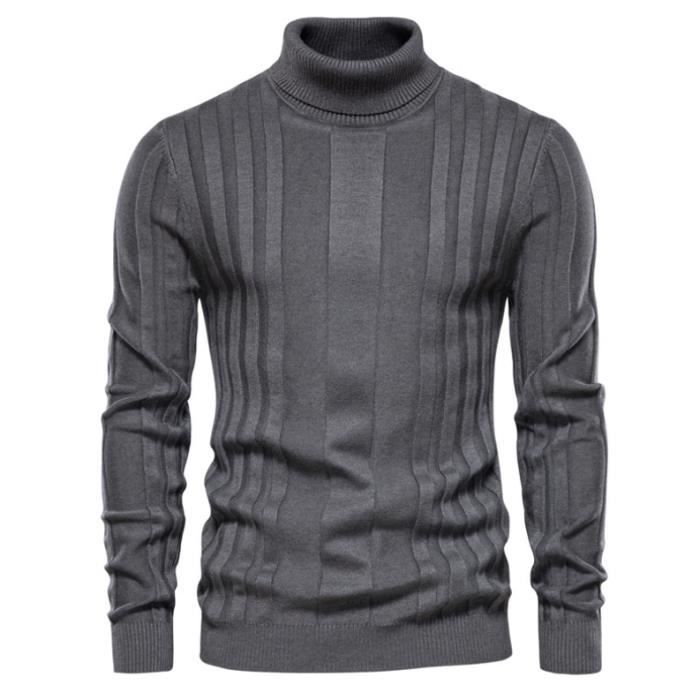 Pull roule homme hiver Gris tricot pas cher Pull cintre uni manches longues automne Veste moulant Gilet printemps Chandail Pullover