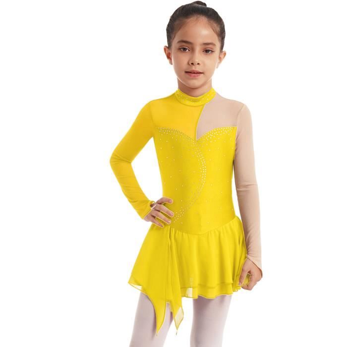 Enfant Fille Robe Patinage Artistique Manche Longue Strass Justaucorps de  Danse