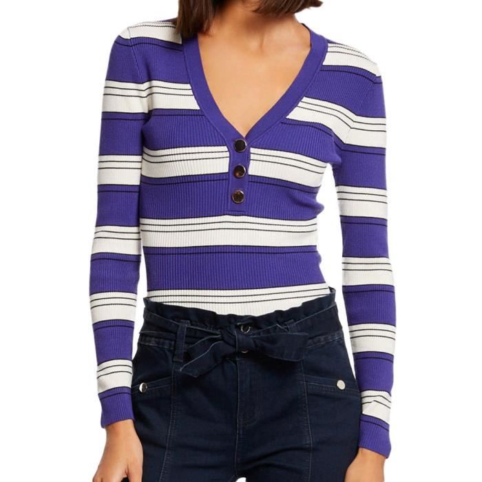 Pull Femme MORGAN Minou Rayures Bleu Blanc Col V