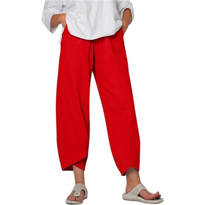 Pantalon Lin Femme été Pantalon Fluide Femme Décontracté Pantalon Large en Élastiquée Taille avec Poches 7 8 Pantacourt rouge