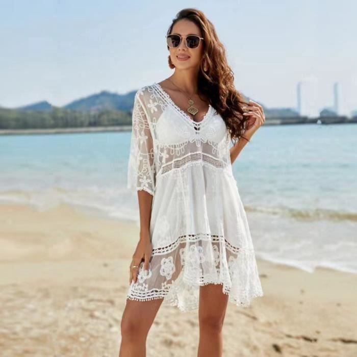 Robe de Plage Femme D ete Dentelle Col en V Cardigan Cache Bikini Cover Up Taille Unique blanc