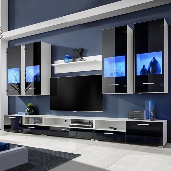 Meuble TV gamer 163x45x48 cm décor noir avec LED bleue