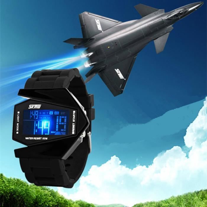 SHARPHY® Montre garçon enfant de marque Avion Forme numérique étanche Sport Militaire coloré lumière LED de qualité supérieure