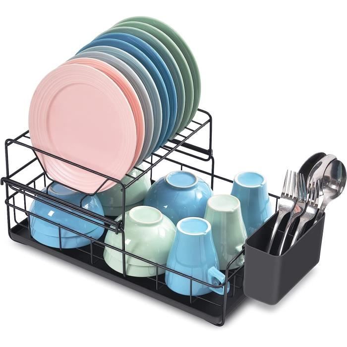 Égouttoir à Vaisselle Extensible Inox - Porte-Couverts Amovible - Bec Drainage Pivotant - Noir - Antirouille