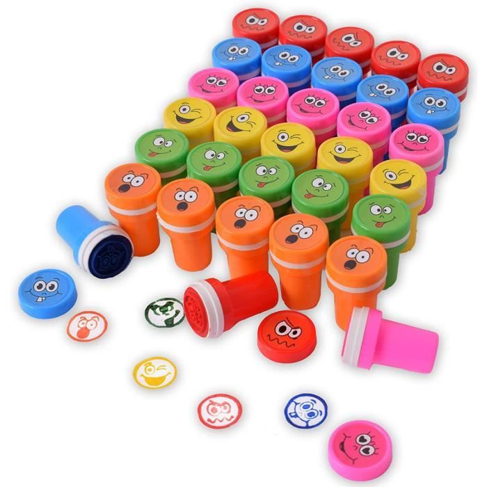 TE-Trend – Lot 30 Tampons Emoji Smiley Auto-encreurs – 6 Motifs 6 Couleurs – 20 Mm – Pour Cadeaux Invités, Récompense Enfants
