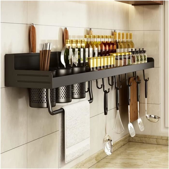 Étagère à épices Murale 5 Cases - 40x10,7x12,3 Cm, Aluminium, étanche, Sans Perçage, Avec Cuillères