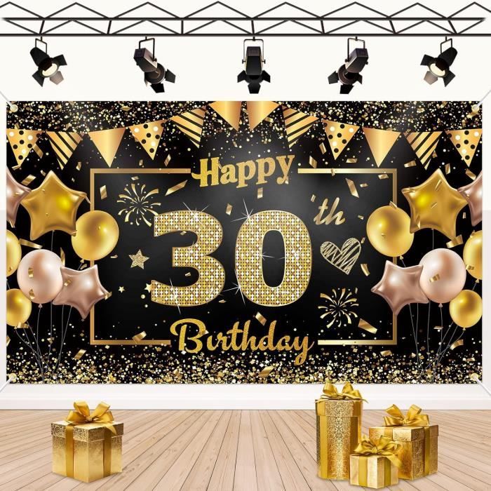 Bannière Joyeux Anniversaire Noir Et Or - 2x 30x180 Cm - Décoration De Fête élégante Et Réutilisable