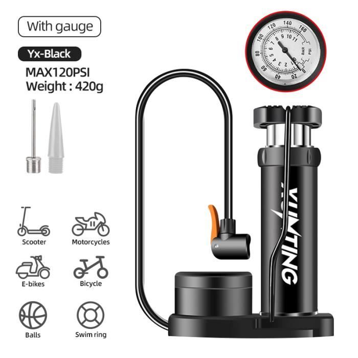 Pompe à Vélo à Pied Avec Manomètre - Haute Pression 160 PSI - Double Valve Schrader/Presta - Base Stable - Longueur 45 Cm - Noir