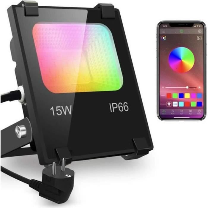RGBW Projecteur LED Exterieur 15W contrôlé par smartphone Intelligente RGB Spot LED de Couleur IP66 Etanche