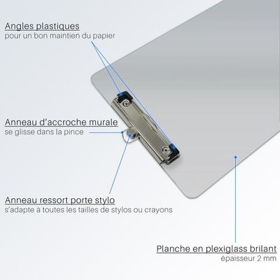 6 Porte-bloc A4 En Acrylique Avec Pince - Support écriture Stable Avec Crochets Rétractables