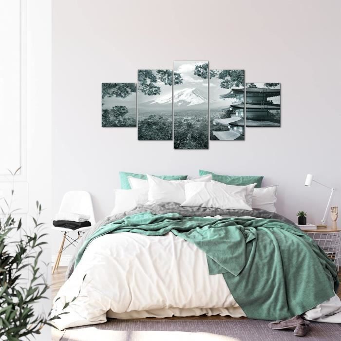 Tableau Cascade Paysage 200x100 Cm 5 Parties - Déco Murale Bleu Vert - Runa Art