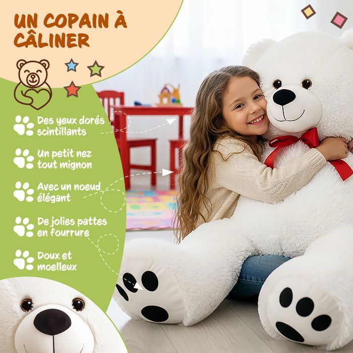 DEUBA| Grand nounours géant XXL Teddy Bear Ours en peluche blanc