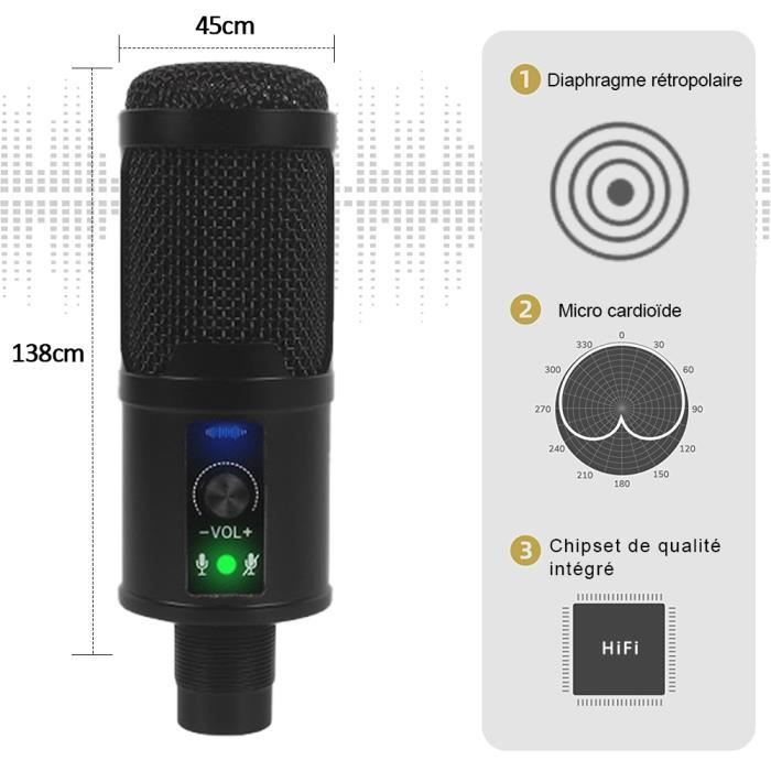 BIVGOCLS-Microphone à Condensateur-Micro Cardioïde USB avec Taux  d'échantillonnage 192kHz-24Bit-Bras allongé-avec Support Trépied -  Cdiscount TV Son Photo