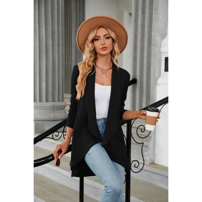 Gilet Femme en Tricot Automne Hiver Cardigan Mi longue Manches Longues Couleur Unie Confortable Noir Noir Cdiscount Pret a Porter