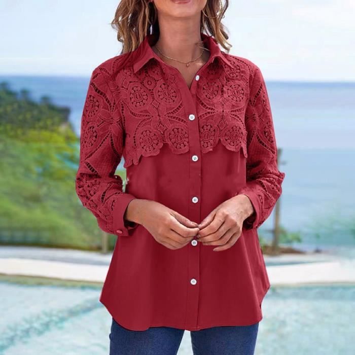 CHEMISIER BLOUSE LIQUETTE Chemise de dames Dentelle Couture de la dentelle All Match Vetements style Wine Red Wine red Cdiscount Pret a Porter