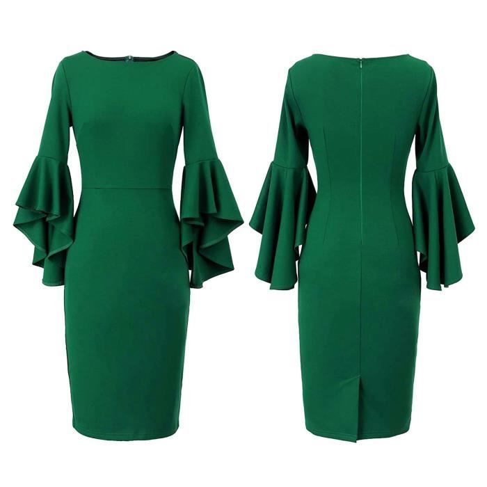 Dream Fashion Robe femme cloche manches volantées - vert à prix