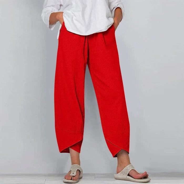 Pantalon Lin Femme ete Rouge Coupe Large Elastiquee Taille Poches