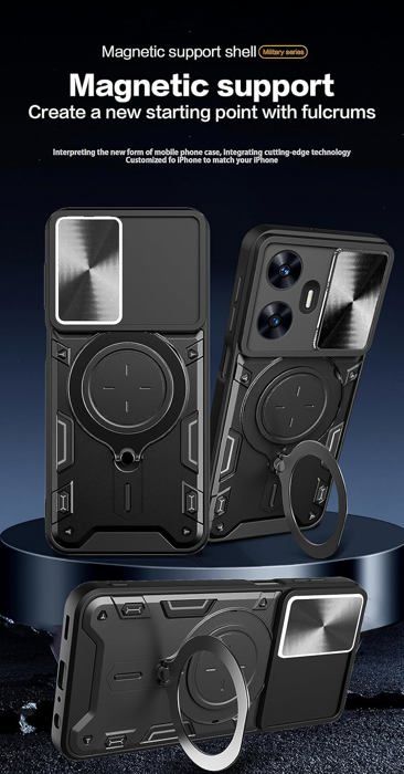 Coque TEYYOS Armure Pour Realme C55 - Housse Antichoc Avec Cache-Objectif Coulissant Et Support Métal - Or Rose