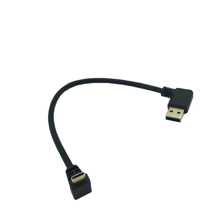 Câble court USB C mâle vers mâle, 30 cm, coudé à 90 degrés, USB