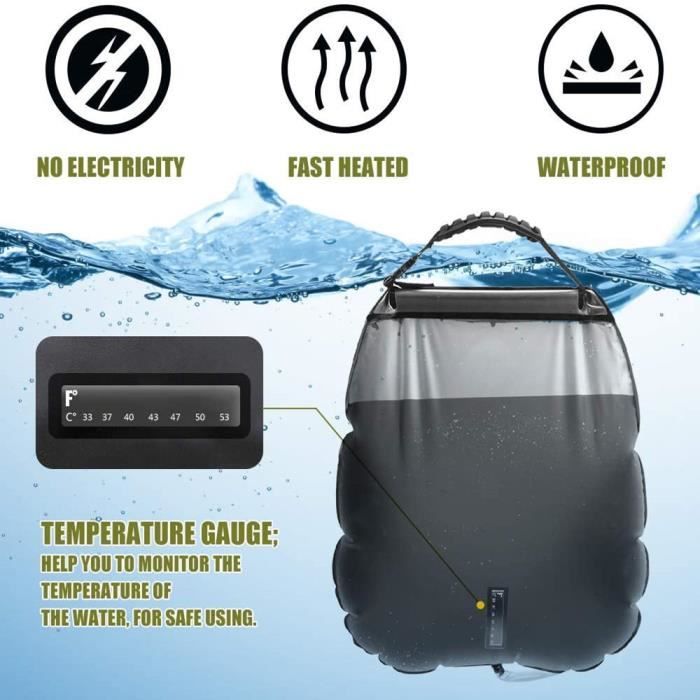 Sac de douche de camping - 12 L PVC noir, réservoir d'eau pliable