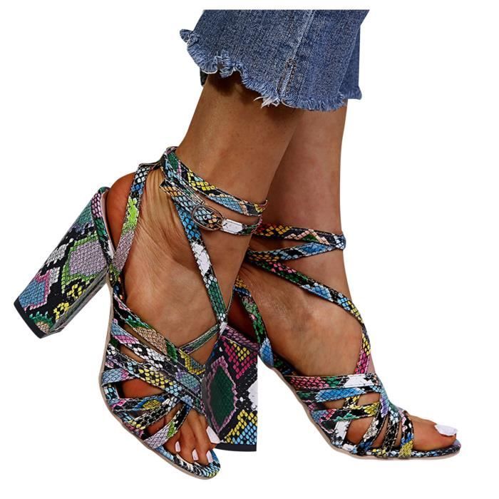 SANDALE Fashion Summer Cross avec motif serpent Talon epais Talon haut Mesdames d908 Multicolore Cdiscount Chaussures