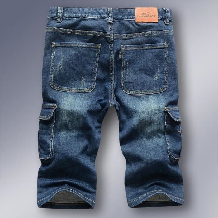 Pantacourt en Jeans Homme Coupe Droite Multi poches Pantalon Court