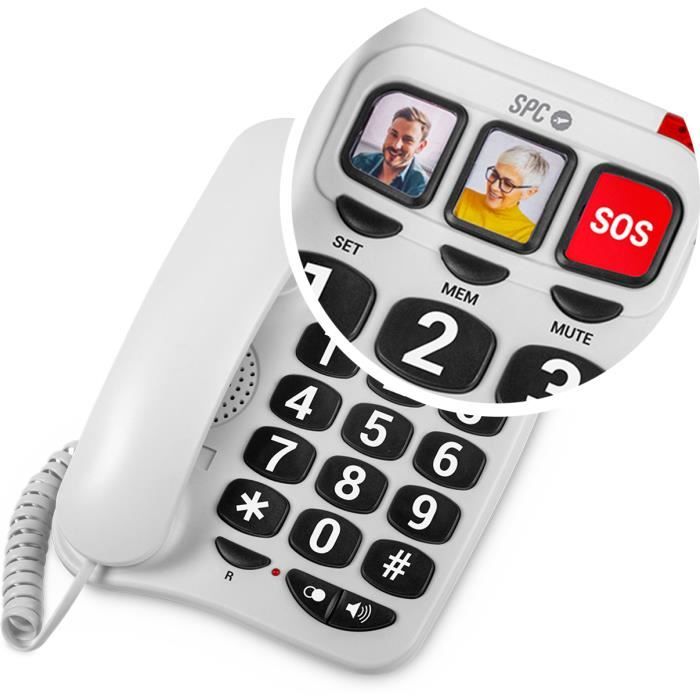 SPC Comfort Numbers 2 – Téléphone Fixe Senior avec Grandes Touches, 3  mémoires directes avec Photo, Volume très élevé, Compatible avec Les  appareils auditifs, Signal Lumineux, Filaire et Mural : : Hygiène  et Santé