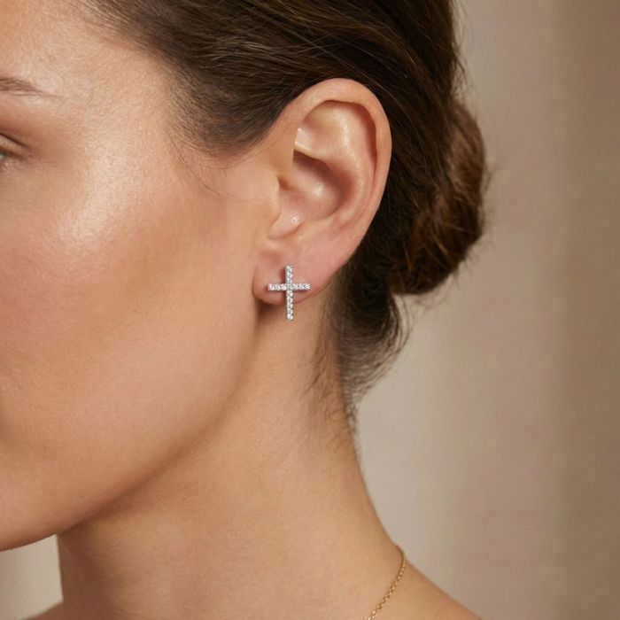 Boucles D'oreilles Puce Croix Argent 925 – Zircon Blanc – Bijoux CM