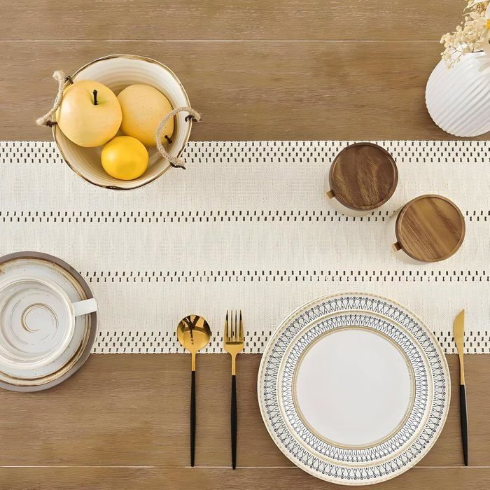 Chemin De Table Boho Aisybaklyn – 30x140 Cm, Bleu Foncé, Coton Et Lin, Macramé