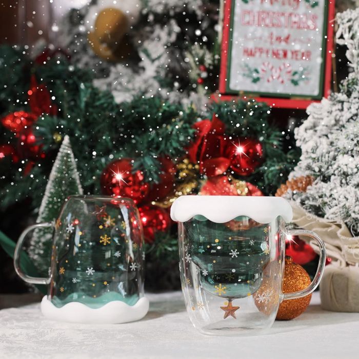 2 Tasses à Café En Verre Forme Sapin De Noël - 300ml, Double Paroi Isolante - Avec Couvercle Et Cuillère Dorée - Cadeau De Noël - 1